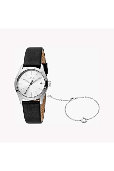Esprit Women's Black Leather Watch, Silver Dial | Es1l000m0065
