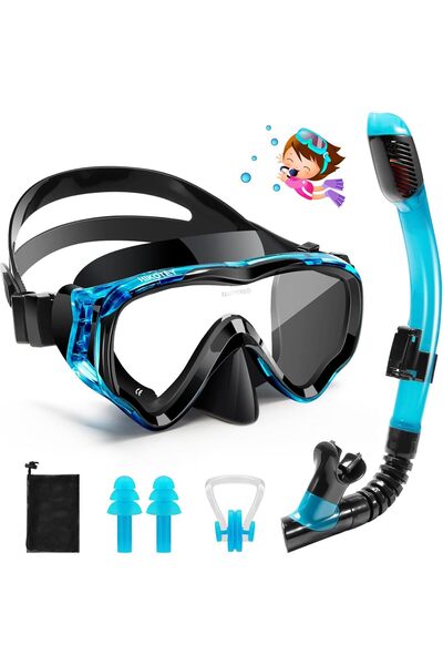 OEM Set de snorkeling pentru copii HIKOTEY, mască anti-aburire, vedere panoramică la 180°, anti-scurgere, albastru și negru