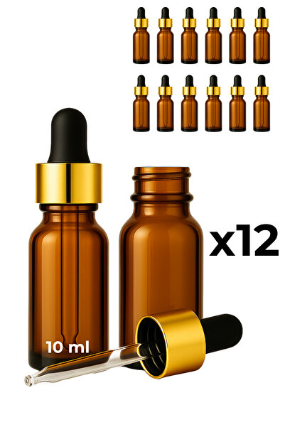Seray Cam 12’li 10 ml Amber Cam Serum Şişesi + Gold (Altın) Metal Kapaklı Siyah Uçlu Damlalık