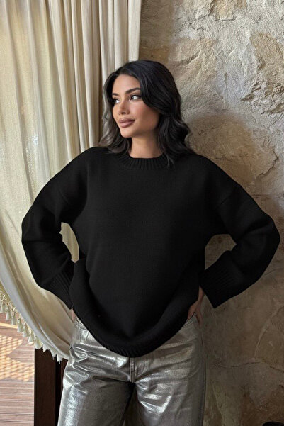 oshebu Negru- guler rotund supradimensionat Pulover de tricotat