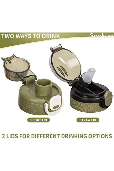 OEM Seekua water bottle, 1L, Tritan, with straw, 2 caps, carrying strap, olive green