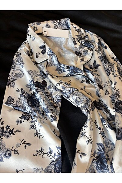 ateviaco Çiçekli Pantolon Uzun Kollu Saten Takım