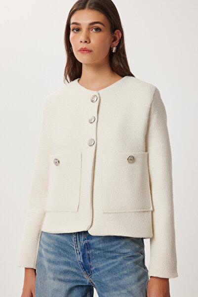 Lovelyİstanbul Shoulder Pad Button Tweed Jacket Loh0016 Cream