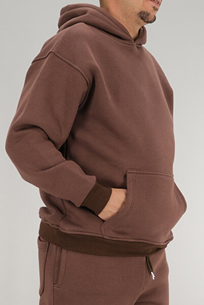 Souris Ανδρικό φούτερ καφέ oversized με κουκούλα με επένδυση fleece τσέπες καγκουρό