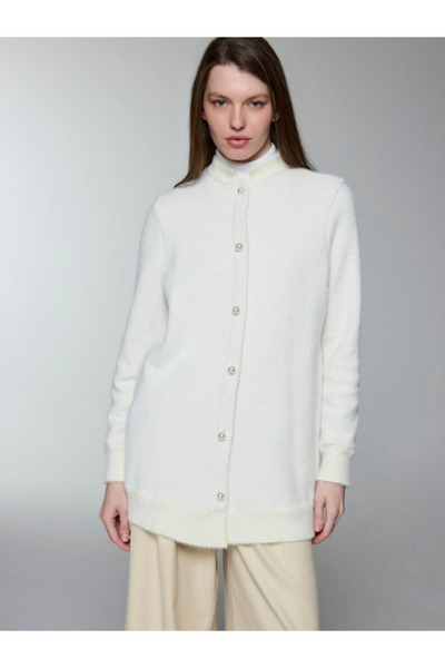 Zühre Women's Collar Detailed Ecru/Gold Buttoned Cardigan Hr-0032