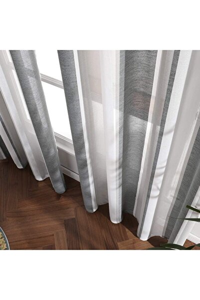 OEM Set of 2 MIULEE curtains, 140 x 280 cm, transparent, striped pattern, with rings, gray and white