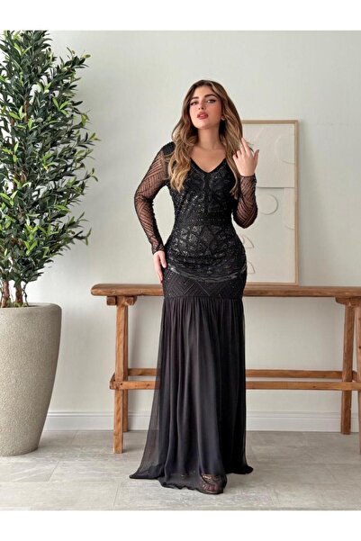 Opera Fashion فستان سهرة أسود طويل بتطريز لامع وتصميم فاخر