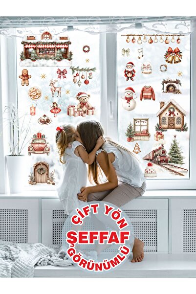 LİPYOS New Year, Santa Claus, Train, Houses, Christmas Ornaments, Deer, Cake Transparent Glass Sticker