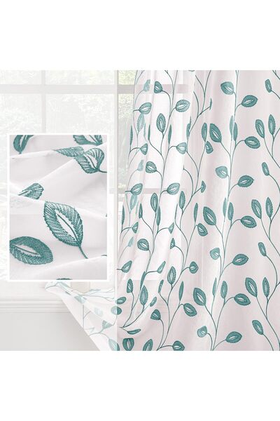 OEM Set of 2 MIULEE curtains, 140 x 260 cm, transparent, with rings, leaf pattern, white and turquoise