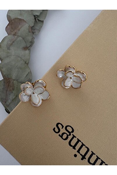 marsel aksesuar White Flower Enamel Gold Vip Steel Earrings