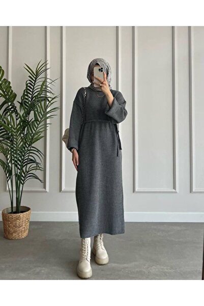 MAXXANA Bağcıklı Bol Kesim Yarasa Kol Fitilli Triko Elbise 38-44 Beden Arası