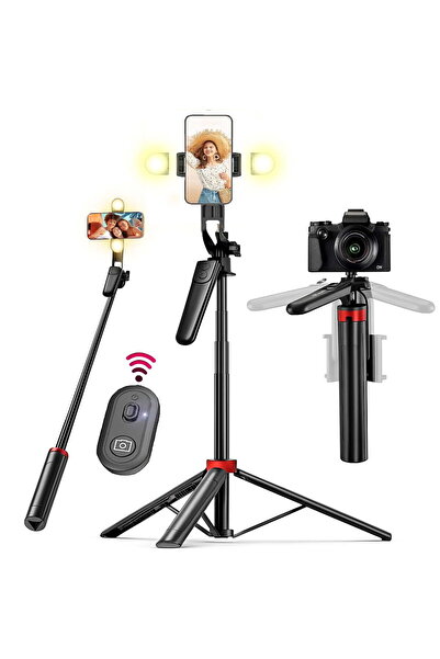 HYX حامل ثلاثي للهاتف قابل للتمديد وعصا سيلفي مع ضوء وجهاز تحكم لاسلكي (أسود)