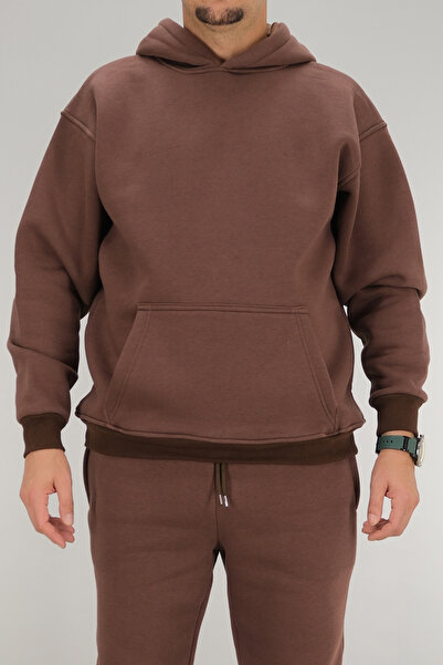 Souris Ανδρικό φούτερ καφέ oversized με κουκούλα με επένδυση fleece τσέπες καγκουρό