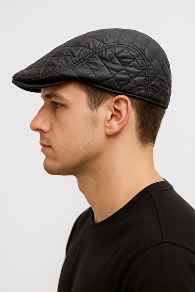 ZERAMİNE Men's Quilted Cap Hat |   Winter Flat Cap |   Leather-Look Black