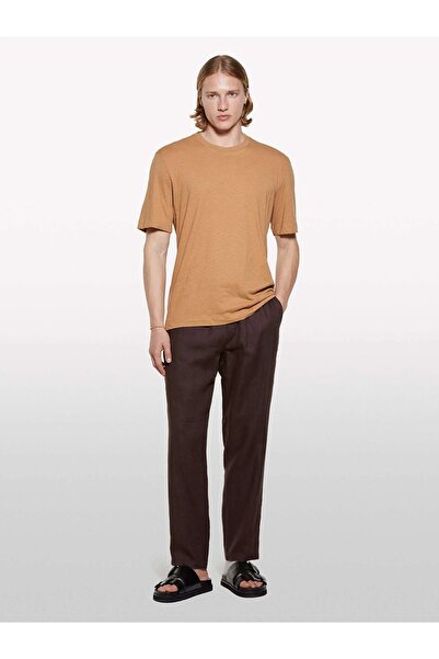 Sisley 100% Linen Waist Drawstring S Slim Fit Trousers Men's Brown Trousers - 325P4Aghsf043