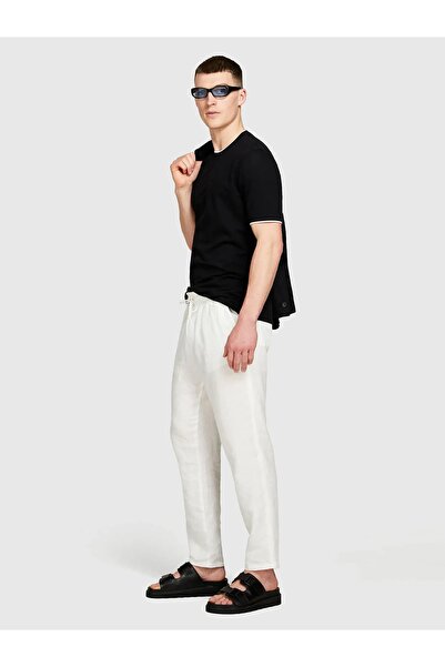 Sisley 100% Linen Drawstring Waist S Slim Fit Pants Men's Off-White Trousers - 325P4Aghsf043