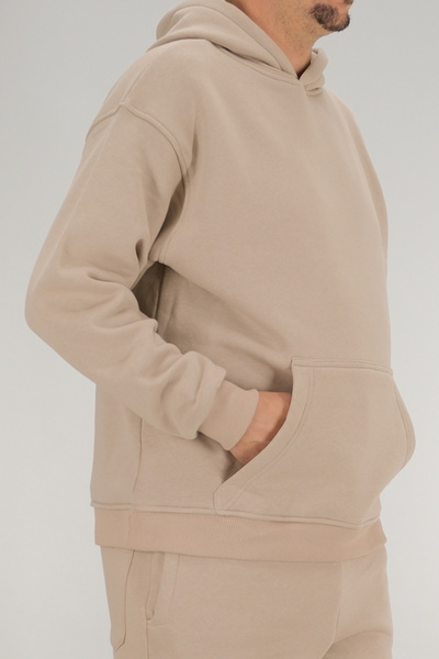 Souris Men's Beige Oversized Hooded Sweatshirt 3 Thread Fleece-Lined Kangaroo Pocket