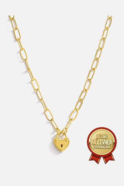 MEKS JEWELS Mikron Altın Kaplama Gümüş Kalpli Ataç Kolye
