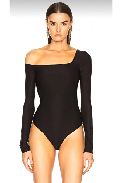 bysoca Дамски черен боди с асиметрична деколте, дълги ръкави, прилепващ по тя...