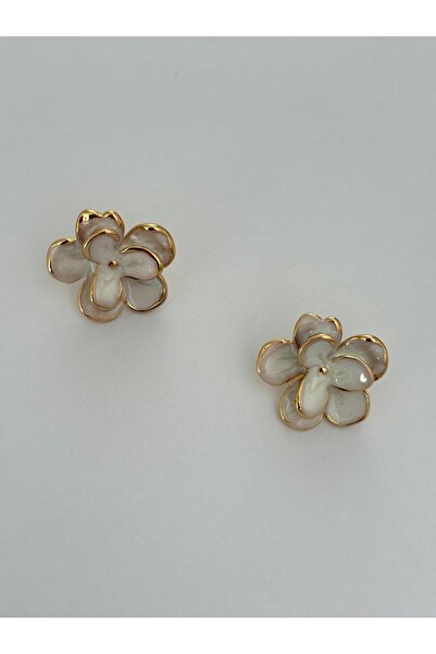 marsel aksesuar White Flower Enamel Gold Vip Steel Earrings