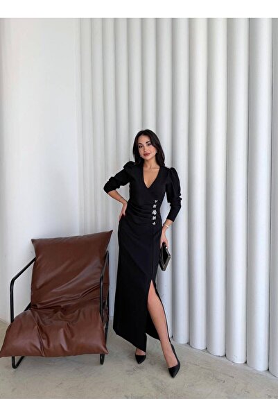 maf collection Women's Black Double-Breasted Neckline Draped Slit Detail Long Evening Dress