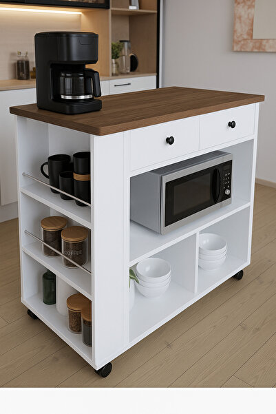 moka park avm Tekerlekli i Kahve Köşesi Dolabı Oval Kenarlı Mikrodalga ve Tost Makinesi Uyumlu, Modern Tasarım