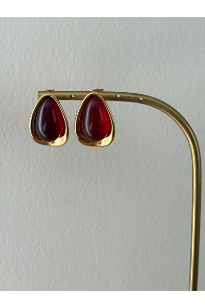 marsel aksesuar Vintage Damla Model Burgundy Gold Steel Earrings