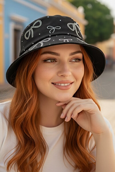 CAŞ DEKORASYON Black Color Ribbon Stone Hat