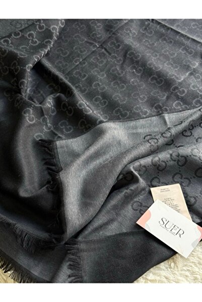 Şalcı G desen Antrasit YÜN İPEK pamuklu şal uzun etiketli dört mevsime uygun