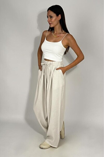 Betimoda Women's Woven Modal Elastic Waist Wide Leg Pants with Pockets and Drawstring P Palazzo Pants Ecru