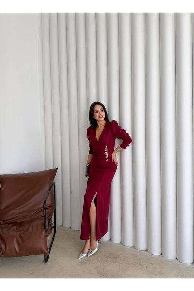 maf collection Women's Red Double-Breasted Collar Draped Slit Detail Long Evening Dress