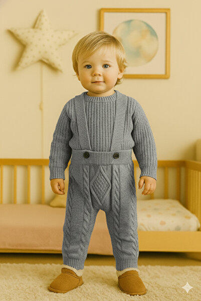 Nimini Kids Unisex Baby Thick Tights Salopet with Knitted Diamond Pattern and Adjustable Straps (0-2 Years Old)