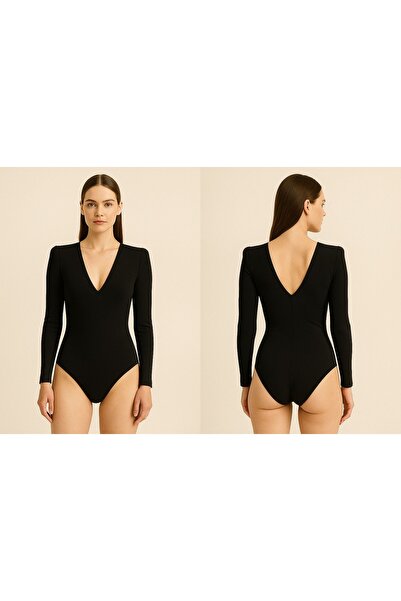 Nsb Tasarım Kadın Siyah Göğüs Ve Sırt Dekolteli Vatkalı Body
