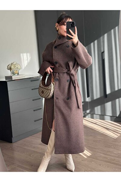 Tugen Co DİK YAKA KUŞAKLI UZUN YÜN KAHVE PALTO