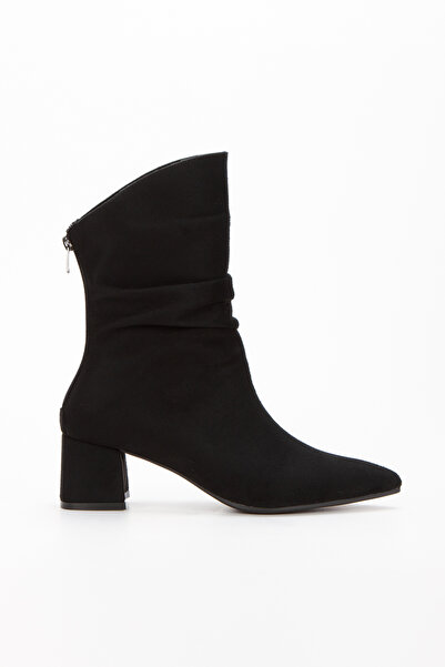 Miss Mitto Kadın Siyah Süet Sivri Burunlu Körüklü Kalın Topuklu Arkadan Fermuarlı Rahat ve Şık Bot