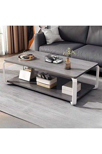Taimi 2-layers Modern Center Table With Elegant Design-Gray Coffee Table and White Meta Frame 100x50x43cm