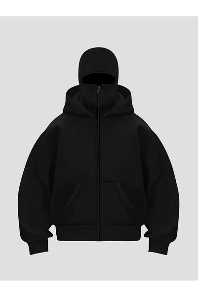 ship master Unisex Kar Masked Ninja Fleece Sweatshirt Cardigan – 3 Thread Thick Fabric, Zippered O Oversized Model