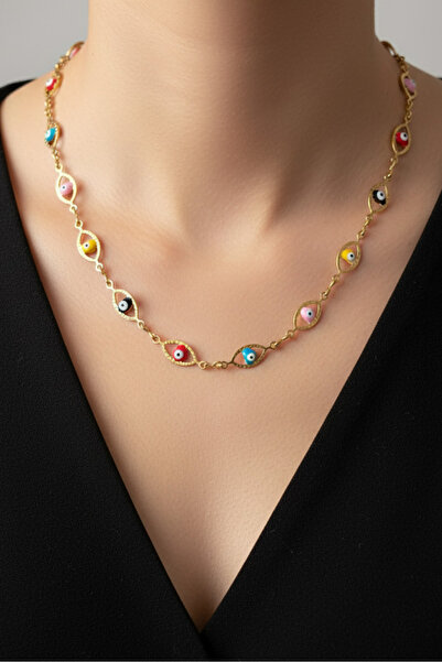 Modacaprea Çelik Nazarlı Zincirli Kolye 45 cm | Altın Renkli Kararmaz Takı Ka...