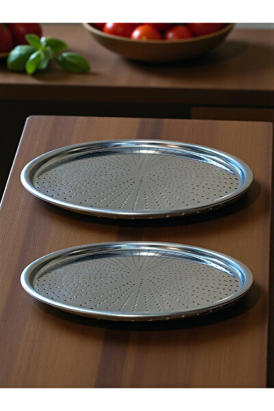 MyBru Paslanmaz Çelik Delikli Pizza Fırın Tepsisi Lahmacun Fırın Tepsisi 2'li Set 28 32 Cm