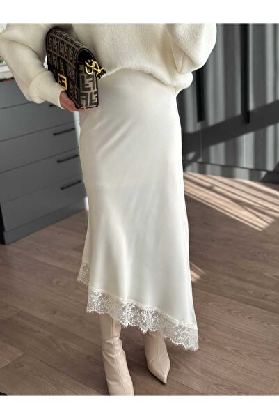 Tugen Co DANTEL UÇLU SATEN EKRU MİDİ ETEK
