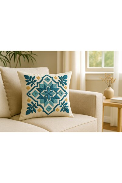 Digital Printed Punch Embroidery Pattern Blue Motif Decorative Pillowcase