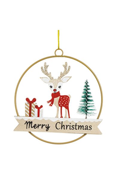 OEM Ornament Brad de Craciun Cerc Auriu din Lemn cu Ren Ø10cm