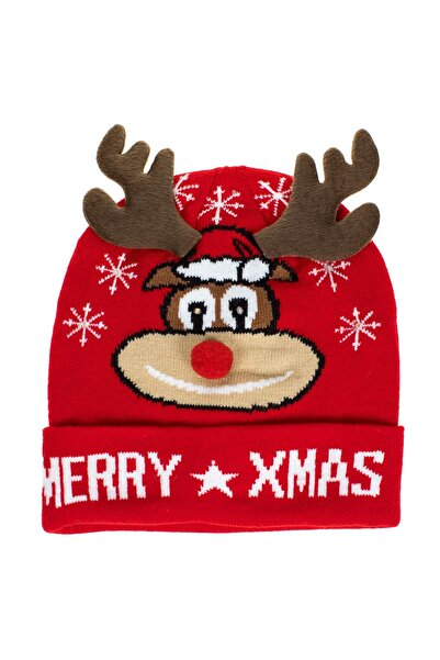 OEM Red Knitted Christmas Hat with Brown Deer Antlers and Snowflakes with LED...
