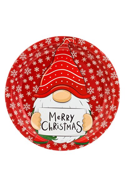 OEM Red Christmas Party Cardboard Plates with Gnome Snowflakes "Merry Christmas" Ø18cm - 10pcs