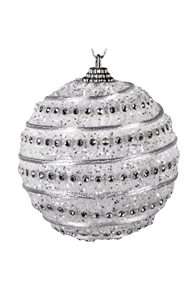 OEM Χριστουγεννιάτικο στολίδι δέντρου, λευκή σφαίρα με ασημί ρίγα, Ø8 εκατοστά