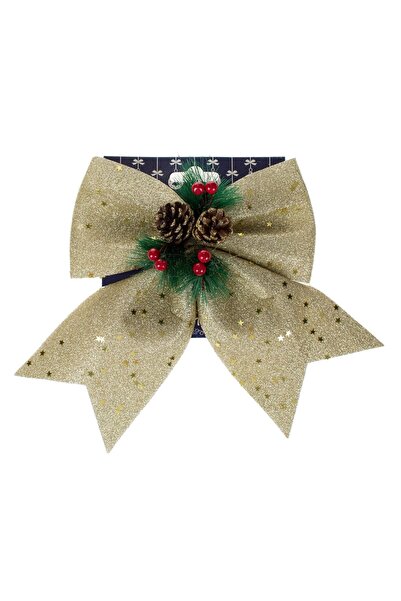 OEM Christmas Decorative Bow with Gold Glitter Cones & Berries 25cm