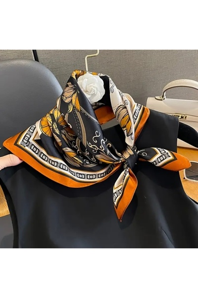 Accessories Hei Orange Floral Patterned Stylish Silk-Look Women's Accessory Scarf Foulard