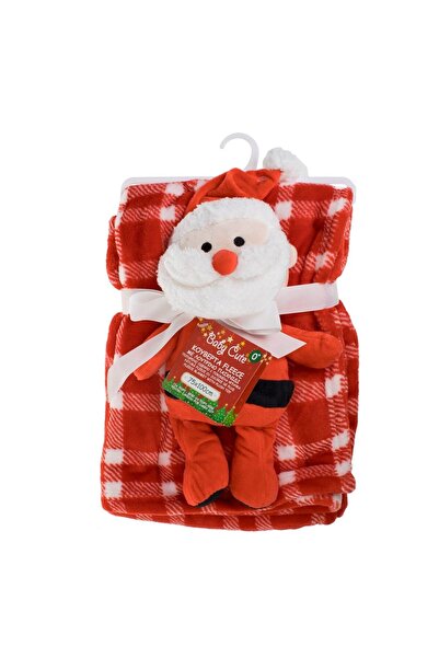 OEM Christmas Red Velvet Checkered Decorative Blanket with Santa Claus Plush Toy 100x7
