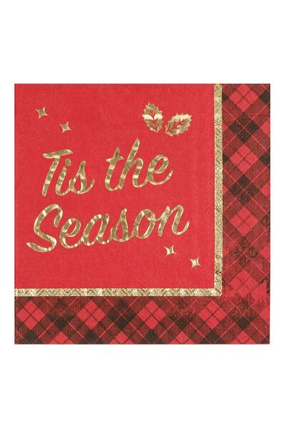 OEM Red Christmas 2-Ply Napkins with Checkered Border & Gold Foil "Tis The Season"