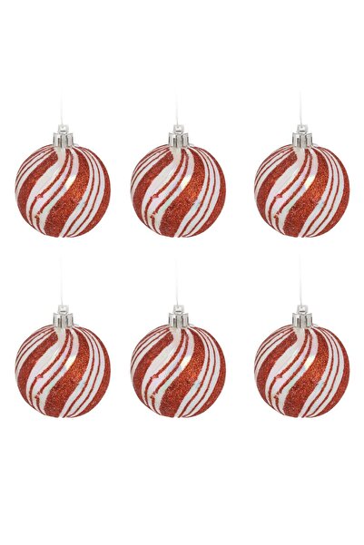 OEM Set of Red White Candy Christmas Baubles with Red Glitter Stripes Ø6cm - 6pcs